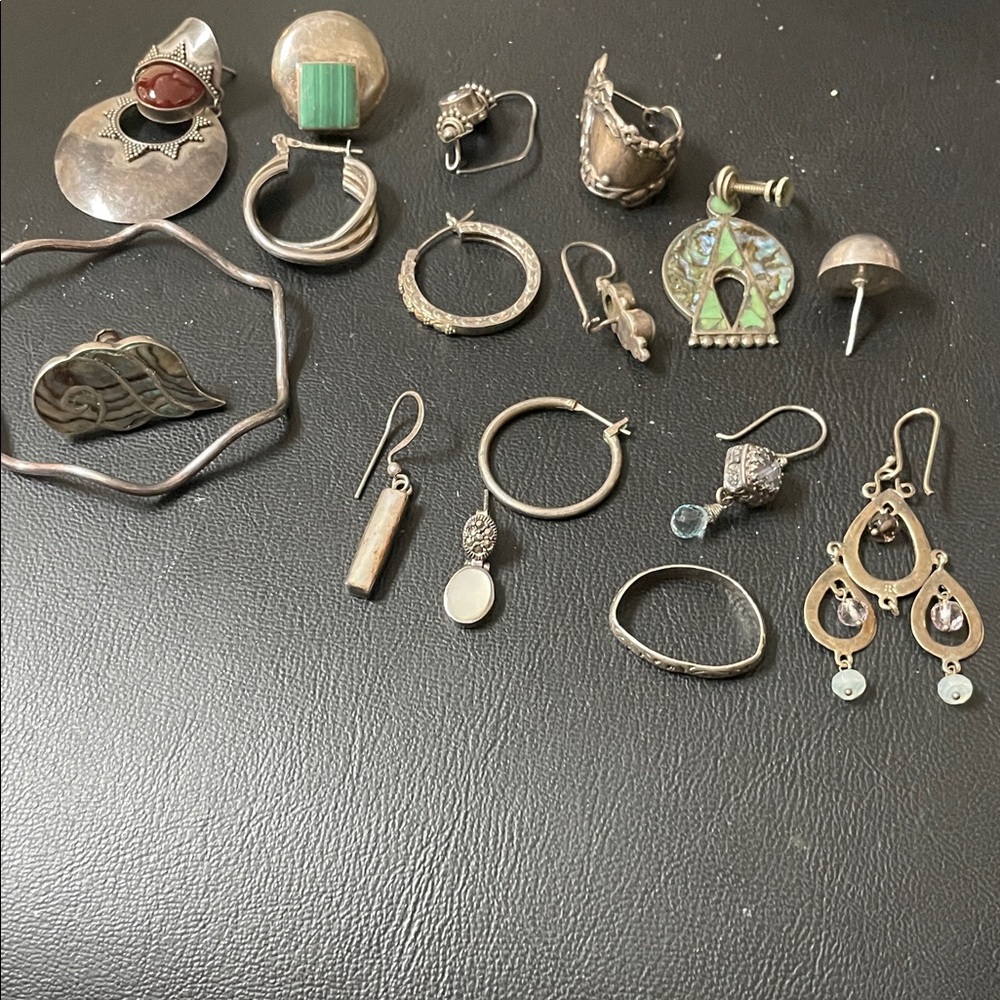 Sterling Silver Mixed Earrings and Rings Set in Green and Coral Accents